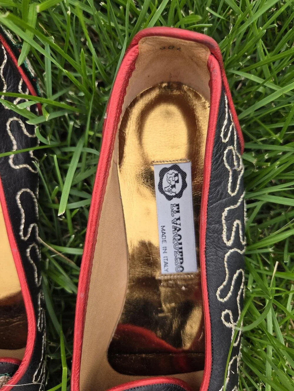 Vintage El Vaquero Italy Black Leather Gold Embroidered Slipper Flats 38